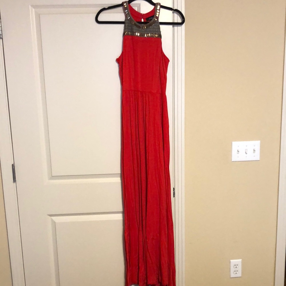 Red, sparkly-top maxi dress.
